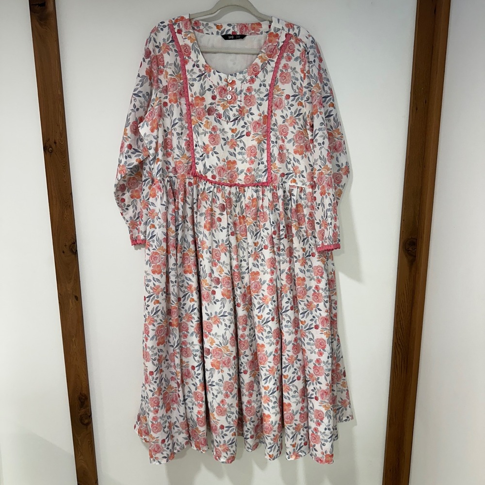 Soch‎ Womens Floral Maxi Dress XXL Pink Rose Lace Trim Boho Modest Cottagecore